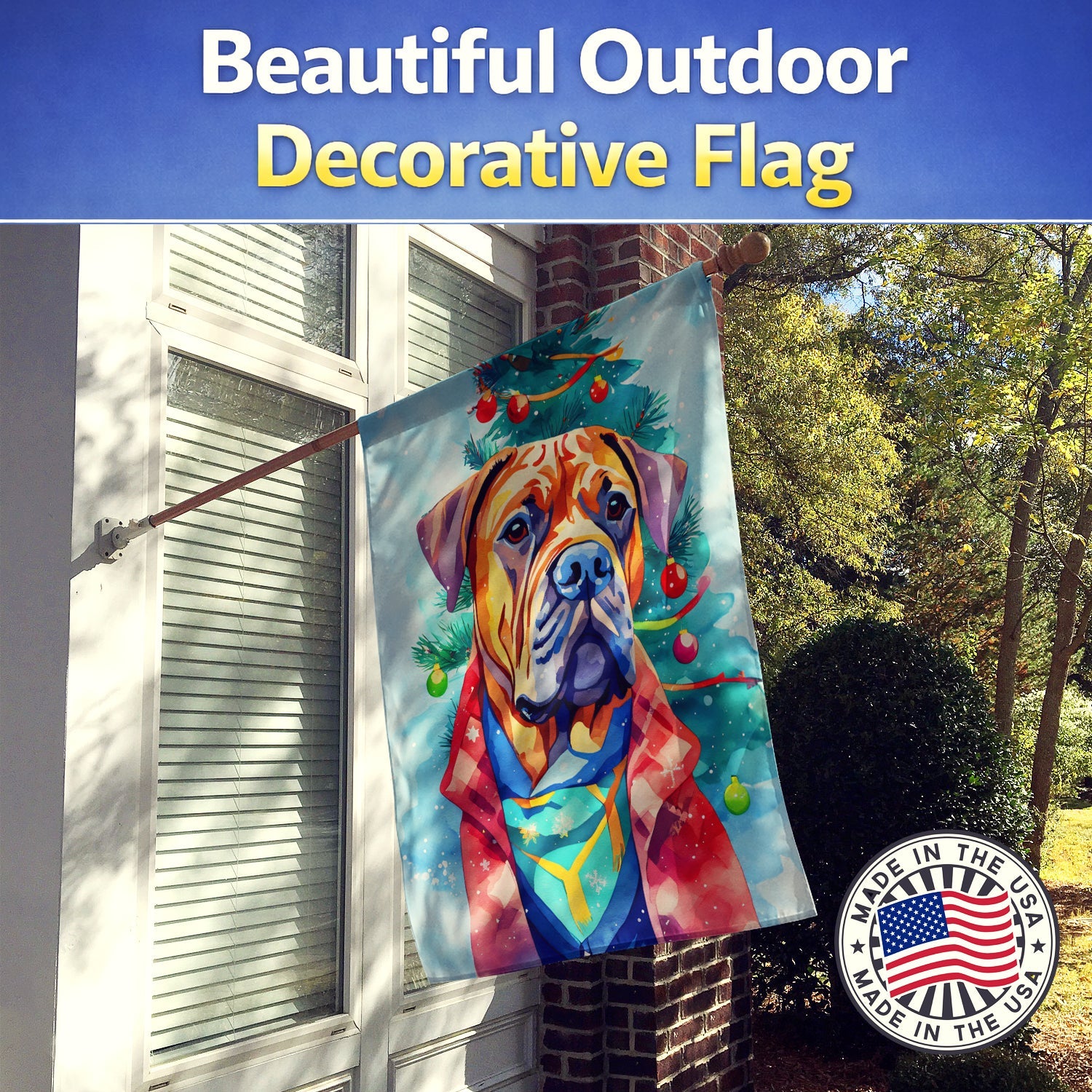 Dogue de Bordeaux Christmas House Flag 28x40 Porch Sleeve Pole Decorative Outside Yard Banner Artwork Wall Hanging, Polyester