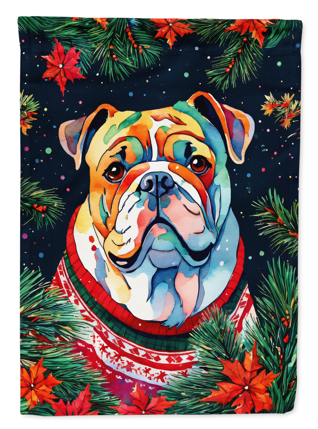 English Bulldog Christmas House Flag 28x40 Porch Sleeve Pole Decorative Outside Yard Banner Artwork Wall Hanging, Polyester