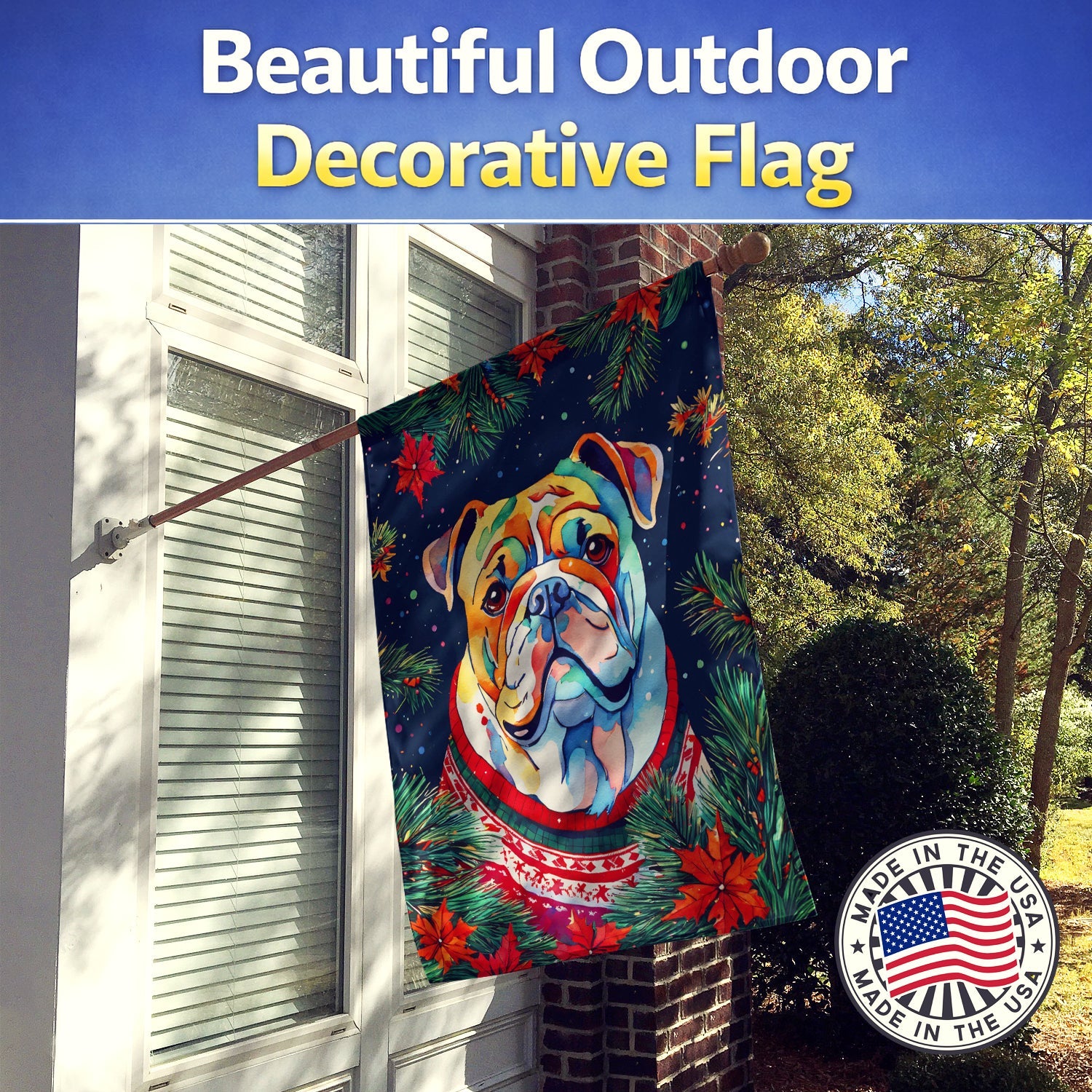 English Bulldog Christmas House Flag 28x40 Porch Sleeve Pole Decorative Outside Yard Banner Artwork Wall Hanging, Polyester
