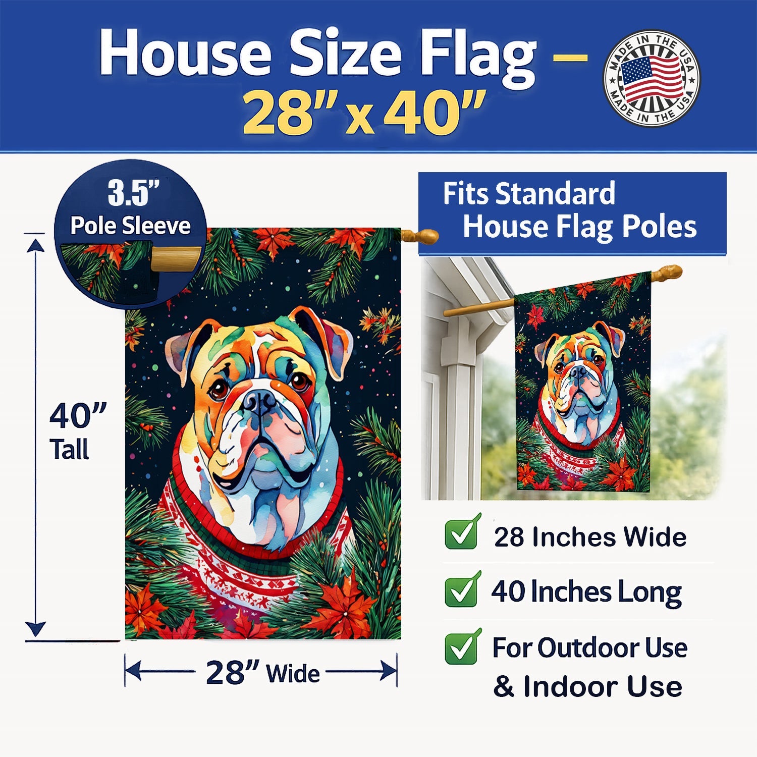 English Bulldog Christmas House Flag 28x40 Porch Sleeve Pole Decorative Outside Yard Banner Artwork Wall Hanging, Polyester