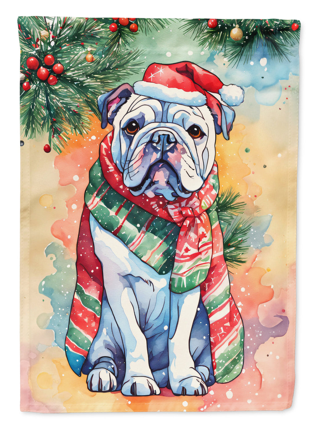 English Bulldog Christmas House Flag 28x40 Porch Sleeve Pole Decorative Outside Yard Banner Artwork Wall Hanging, Polyester