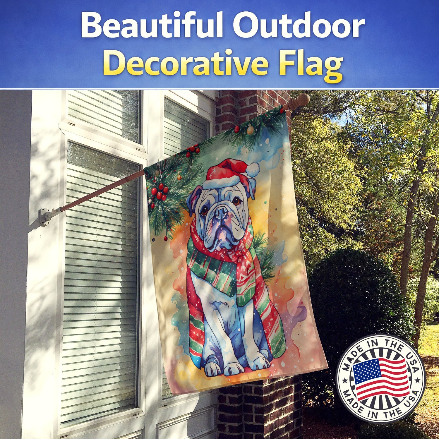English Bulldog Christmas House Flag 28x40 Porch Sleeve Pole Decorative Outside Yard Banner Artwork Wall Hanging, Polyester