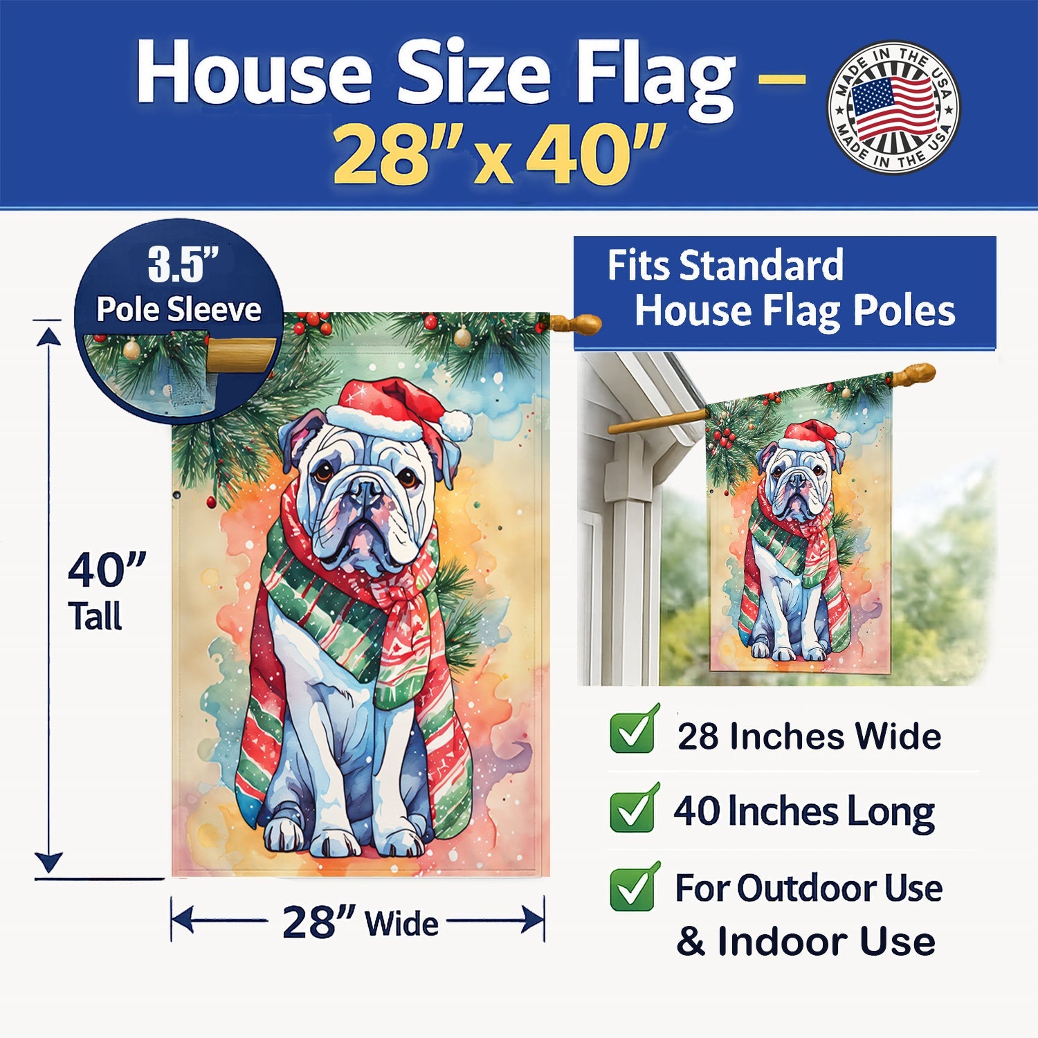 English Bulldog Christmas House Flag 28x40 Porch Sleeve Pole Decorative Outside Yard Banner Artwork Wall Hanging, Polyester