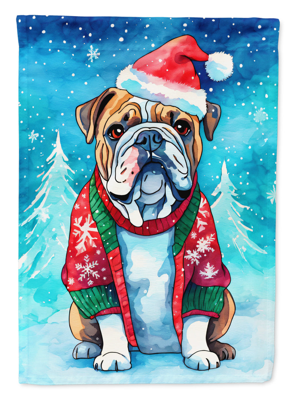 English Bulldog Christmas House Flag 28x40 Porch Sleeve Pole Decorative Outside Yard Banner Artwork Wall Hanging, Polyester