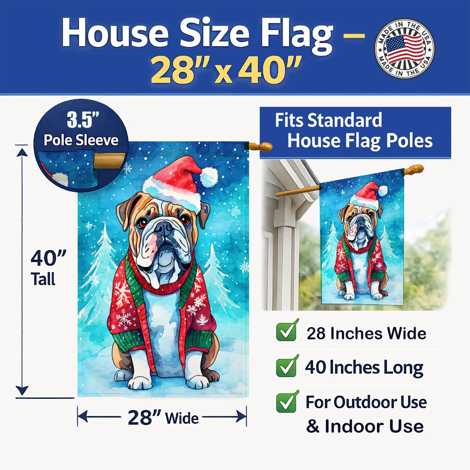 English Bulldog Christmas House Flag 28x40 Porch Sleeve Pole Decorative Outside Yard Banner Artwork Wall Hanging, Polyester