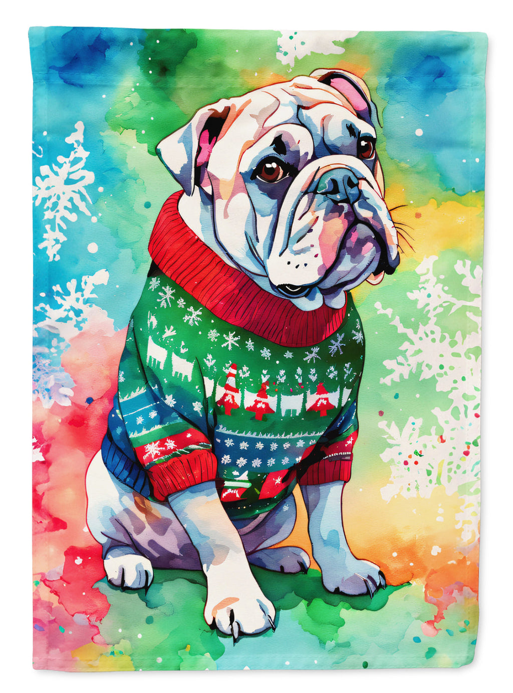 English Bulldog Christmas House Flag 28x40 Porch Sleeve Pole Decorative Outside Yard Banner Artwork Wall Hanging, Polyester