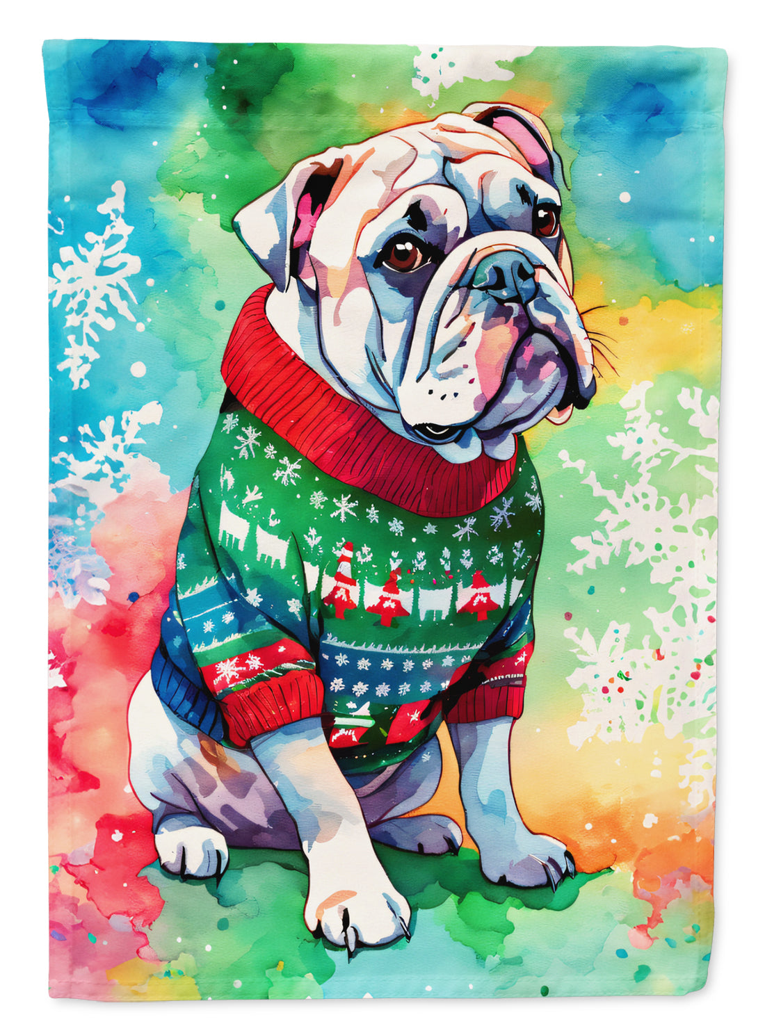 English Bulldog Christmas House Flag 28x40 Porch Sleeve Pole Decorative Outside Yard Banner Artwork Wall Hanging, Polyester