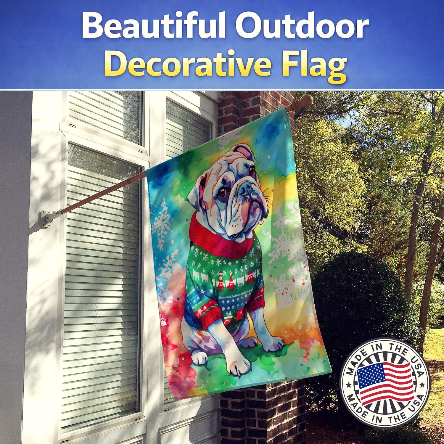 English Bulldog Christmas House Flag 28x40 Porch Sleeve Pole Decorative Outside Yard Banner Artwork Wall Hanging, Polyester
