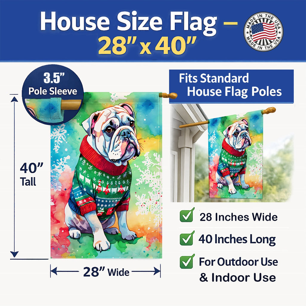English Bulldog Christmas House Flag 28x40 Porch Sleeve Pole Decorative Outside Yard Banner Artwork Wall Hanging, Polyester