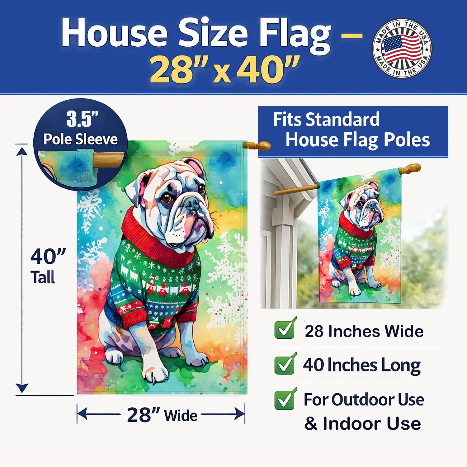 English Bulldog Christmas House Flag 28x40 Porch Sleeve Pole Decorative Outside Yard Banner Artwork Wall Hanging, Polyester