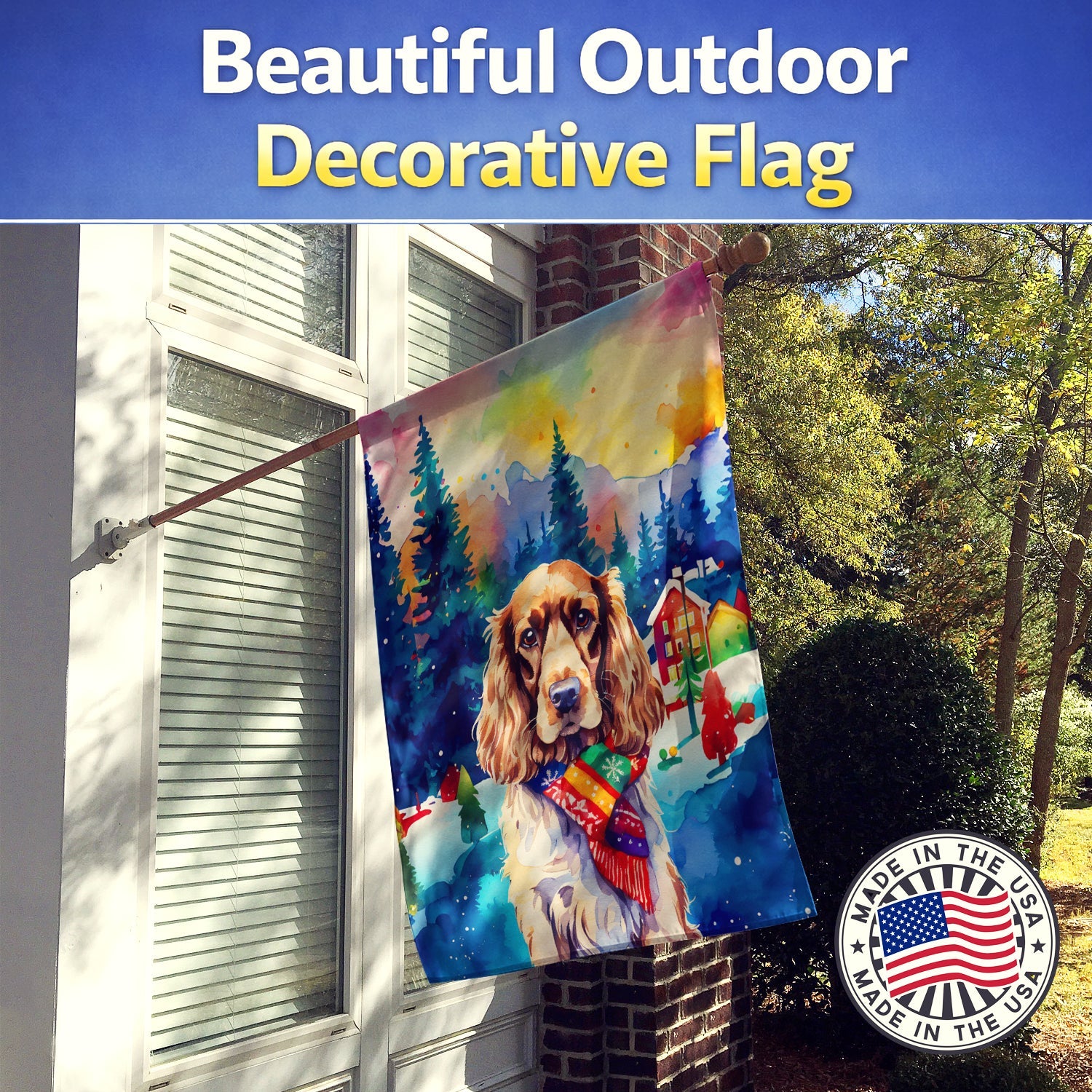 English Cocker Spaniel Christmas House Flag 28x40 Porch Sleeve Pole Decorative Outside Yard Banner Artwork Wall Hanging, Polyester