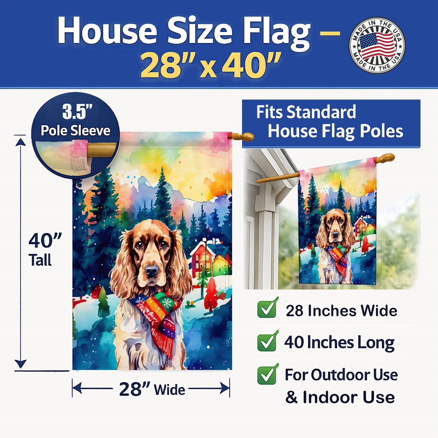 English Cocker Spaniel Christmas House Flag 28x40 Porch Sleeve Pole Decorative Outside Yard Banner Artwork Wall Hanging, Polyester