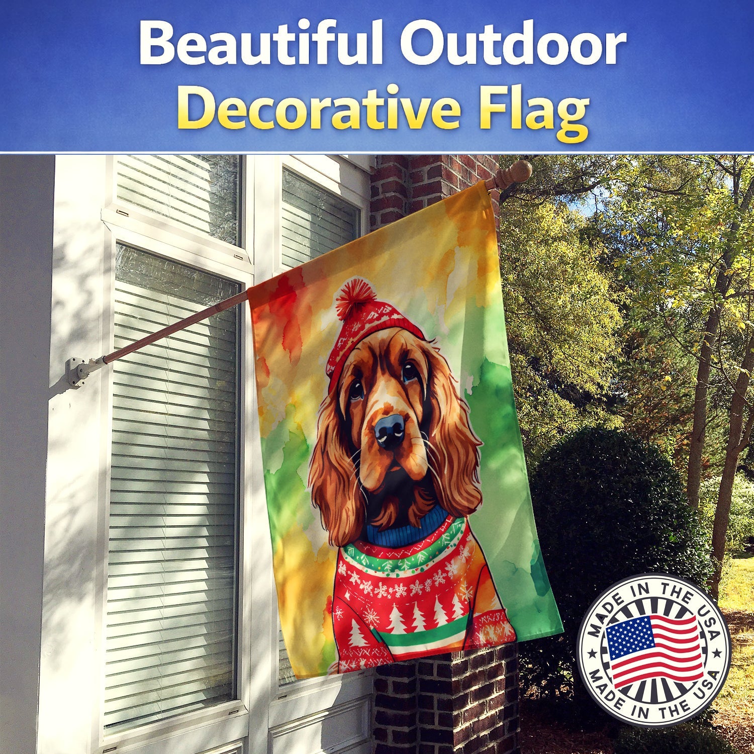 English Cocker Spaniel Christmas House Flag 28x40 Porch Sleeve Pole Decorative Outside Yard Banner Artwork Wall Hanging, Polyester