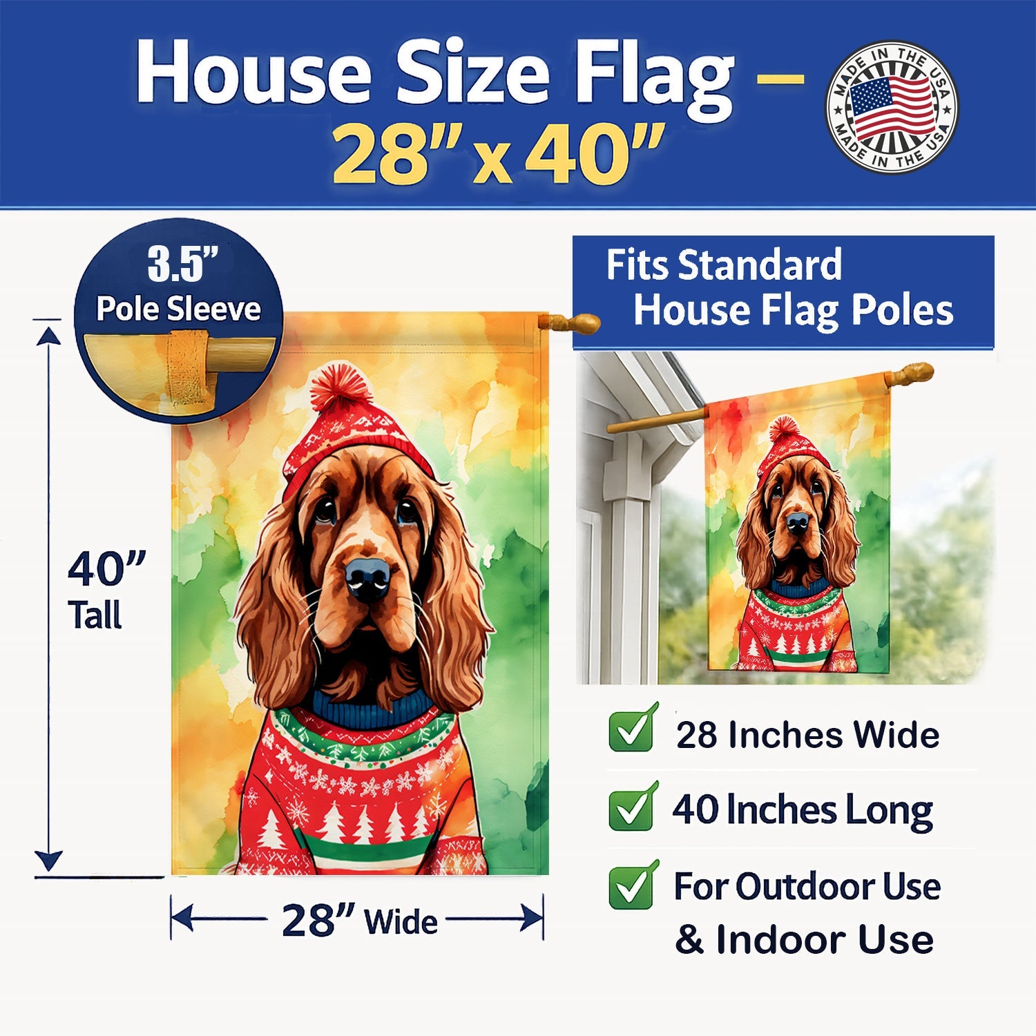 English Cocker Spaniel Christmas House Flag 28x40 Porch Sleeve Pole Decorative Outside Yard Banner Artwork Wall Hanging, Polyester