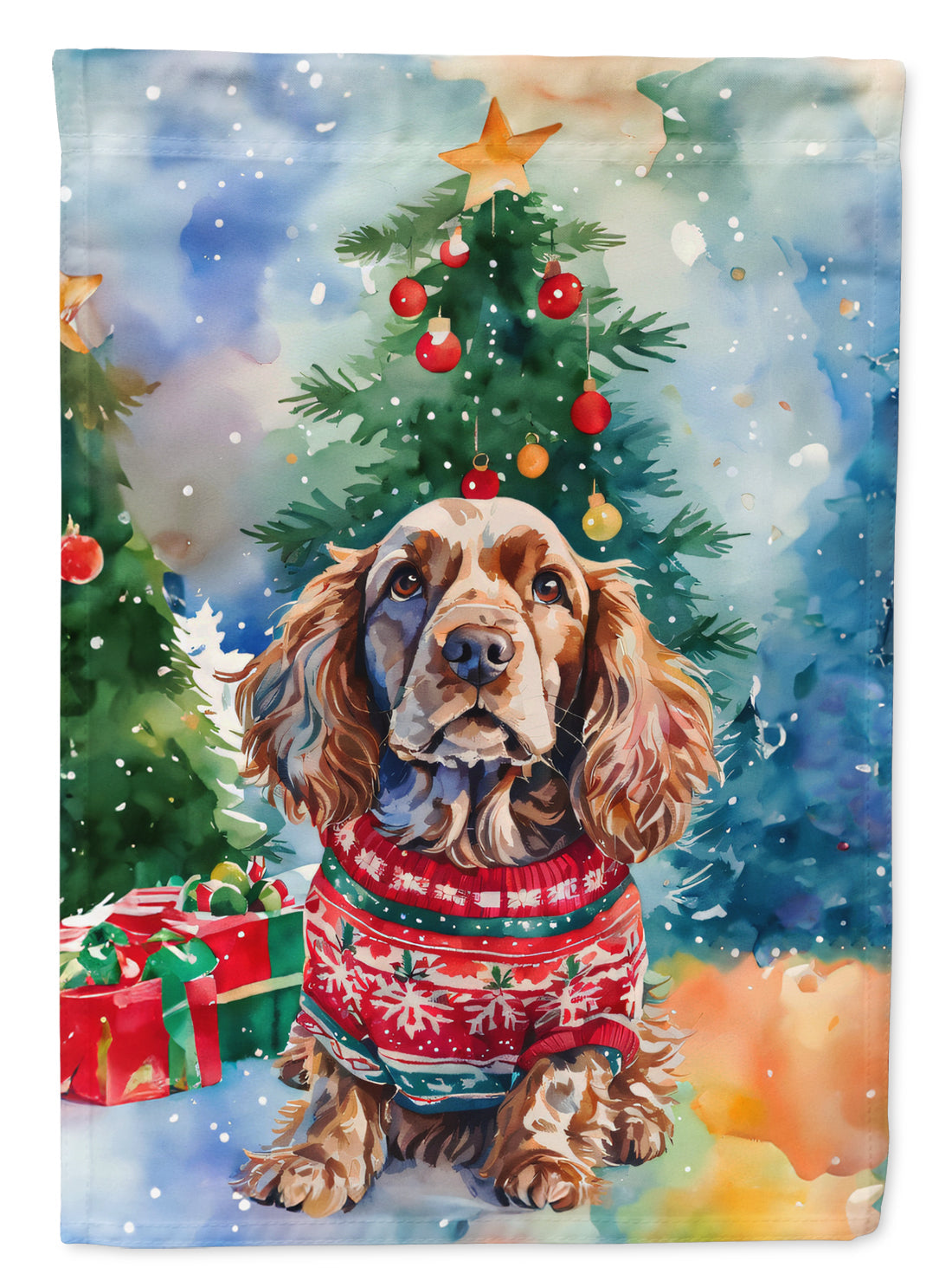 English Cocker Spaniel Christmas House Flag 28x40 Porch Sleeve Pole Decorative Outside Yard Banner Artwork Wall Hanging, Polyester