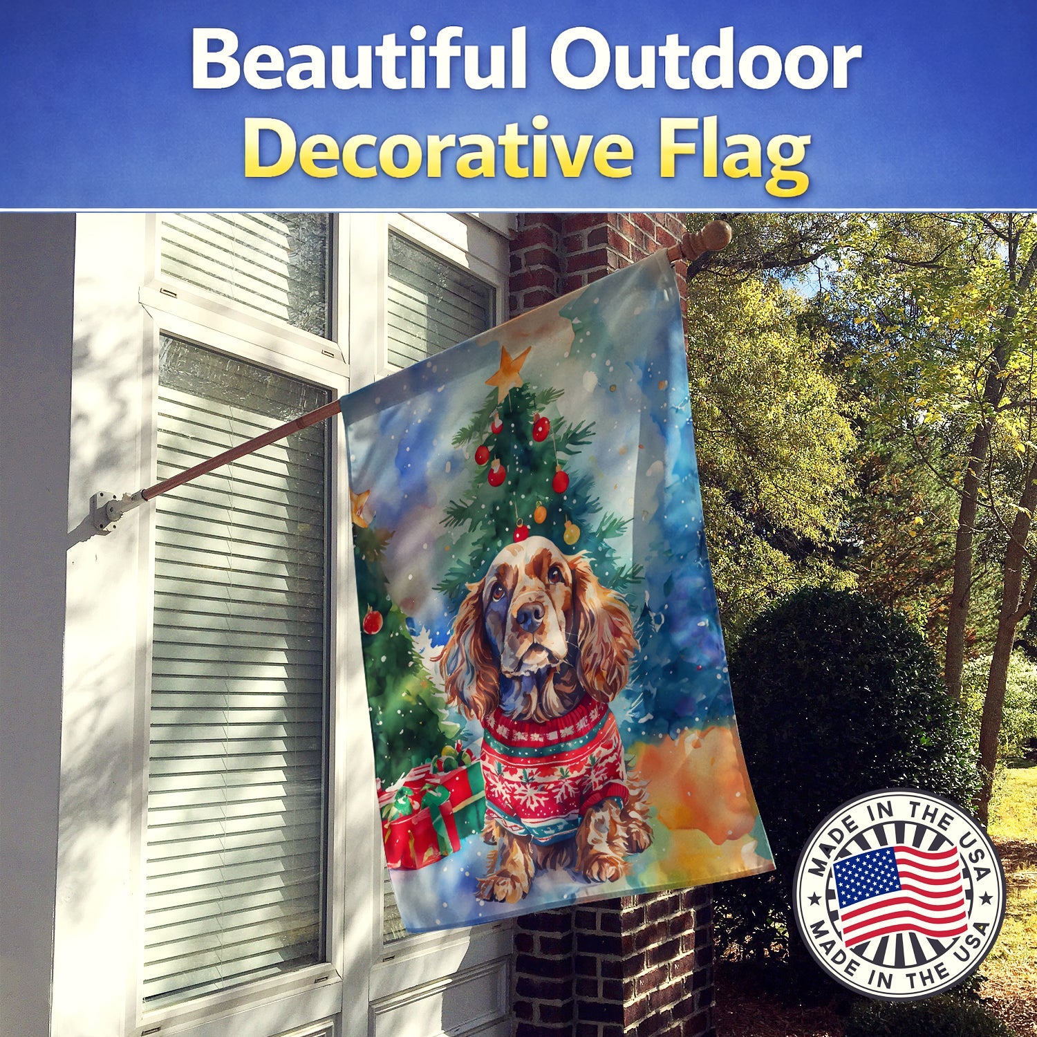 English Cocker Spaniel Christmas House Flag 28x40 Porch Sleeve Pole Decorative Outside Yard Banner Artwork Wall Hanging, Polyester