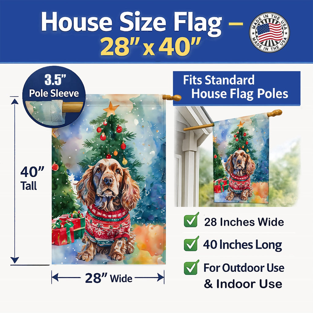 English Cocker Spaniel Christmas House Flag 28x40 Porch Sleeve Pole Decorative Outside Yard Banner Artwork Wall Hanging, Polyester