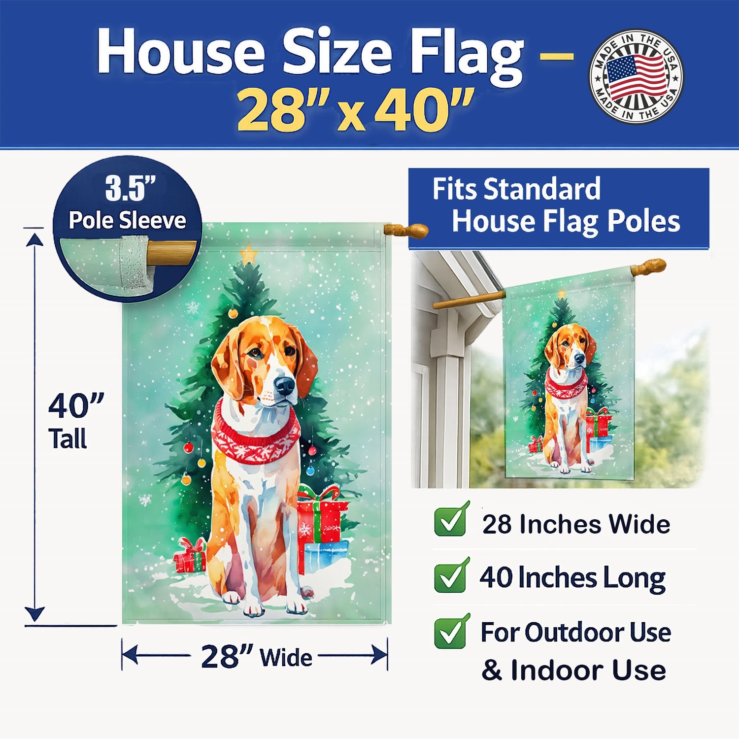 English Foxhound Christmas House Flag 28x40 Porch Sleeve Pole Decorative Outside Yard Banner Artwork Wall Hanging, Polyester