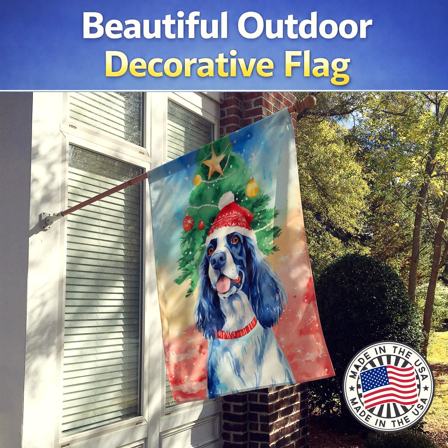 English Setter Christmas House Flag 28x40 Porch Sleeve Pole Decorative Outside Yard Banner Artwork Wall Hanging, Polyester