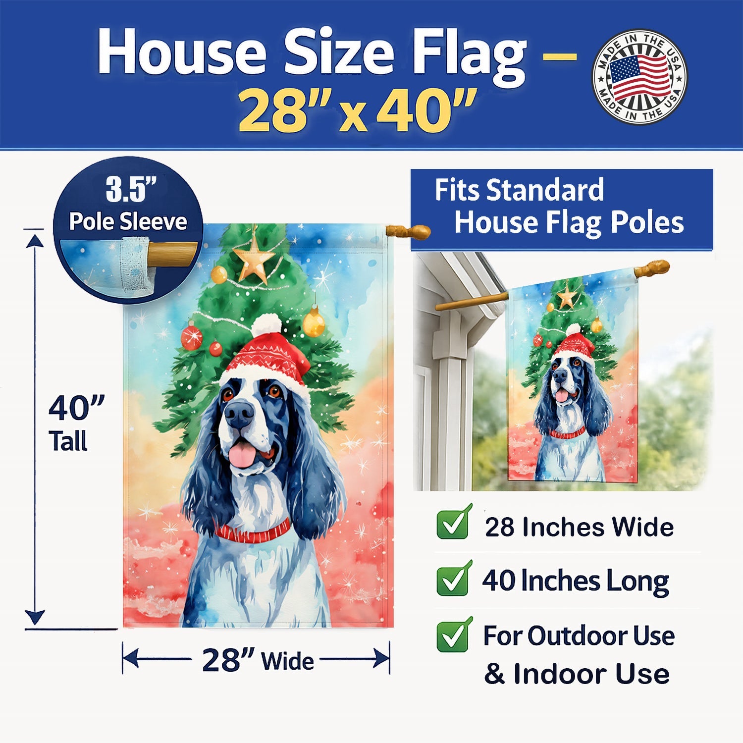 English Setter Christmas House Flag 28x40 Porch Sleeve Pole Decorative Outside Yard Banner Artwork Wall Hanging, Polyester