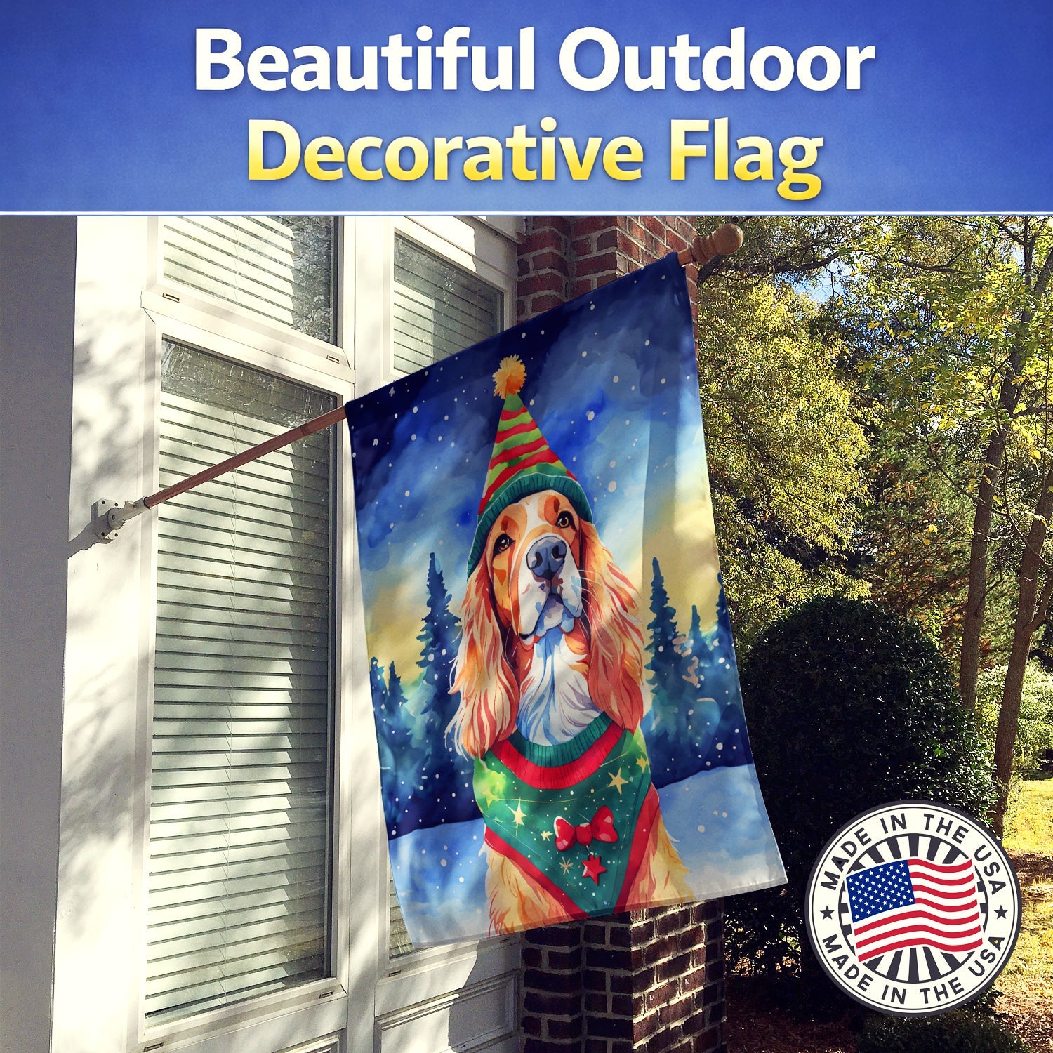 English Setter Christmas House Flag 28x40 Porch Sleeve Pole Decorative Outside Yard Banner Artwork Wall Hanging, Polyester