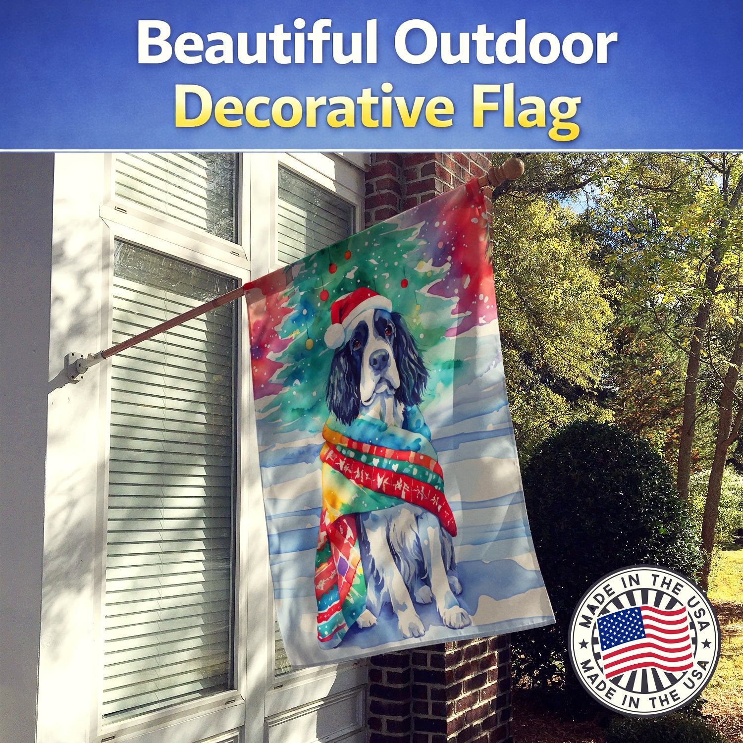 English Springer Spaniel Christmas House Flag 28x40 Porch Sleeve Pole Decorative Outside Yard Banner Artwork Wall Hanging, Polyester
