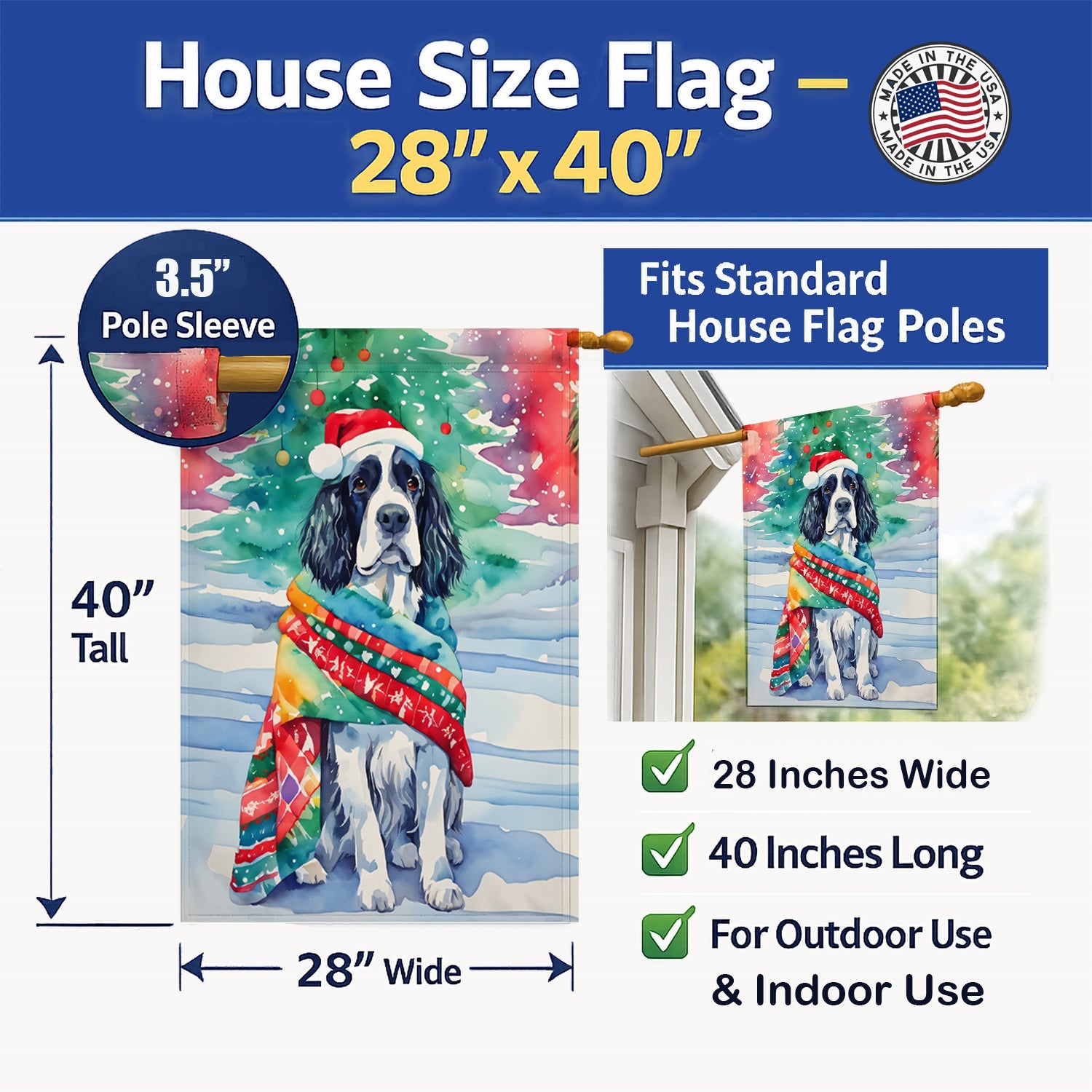 English Springer Spaniel Christmas House Flag 28x40 Porch Sleeve Pole Decorative Outside Yard Banner Artwork Wall Hanging, Polyester