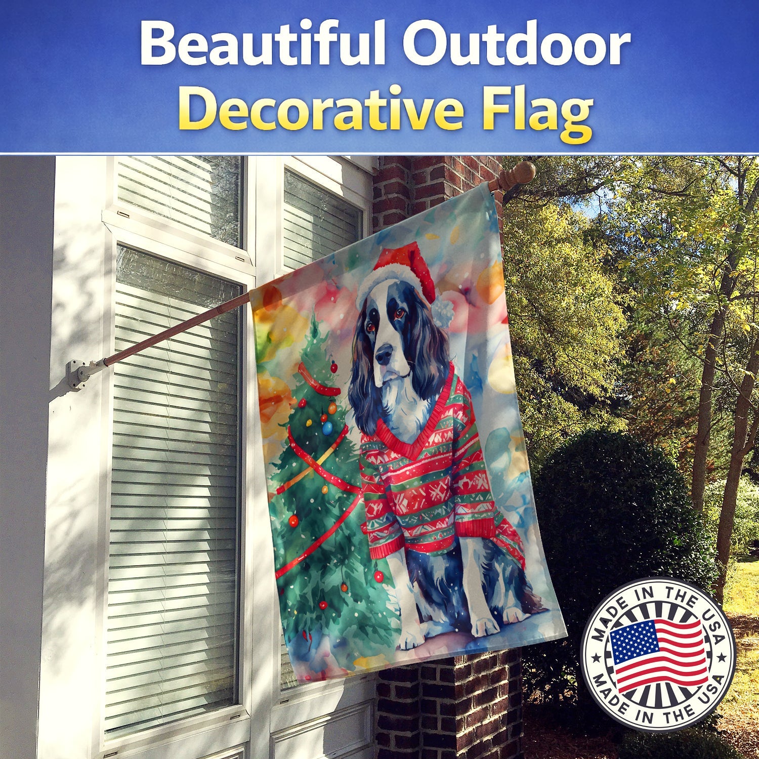 English Springer Spaniel Christmas House Flag 28x40 Porch Sleeve Pole Decorative Outside Yard Banner Artwork Wall Hanging, Polyester