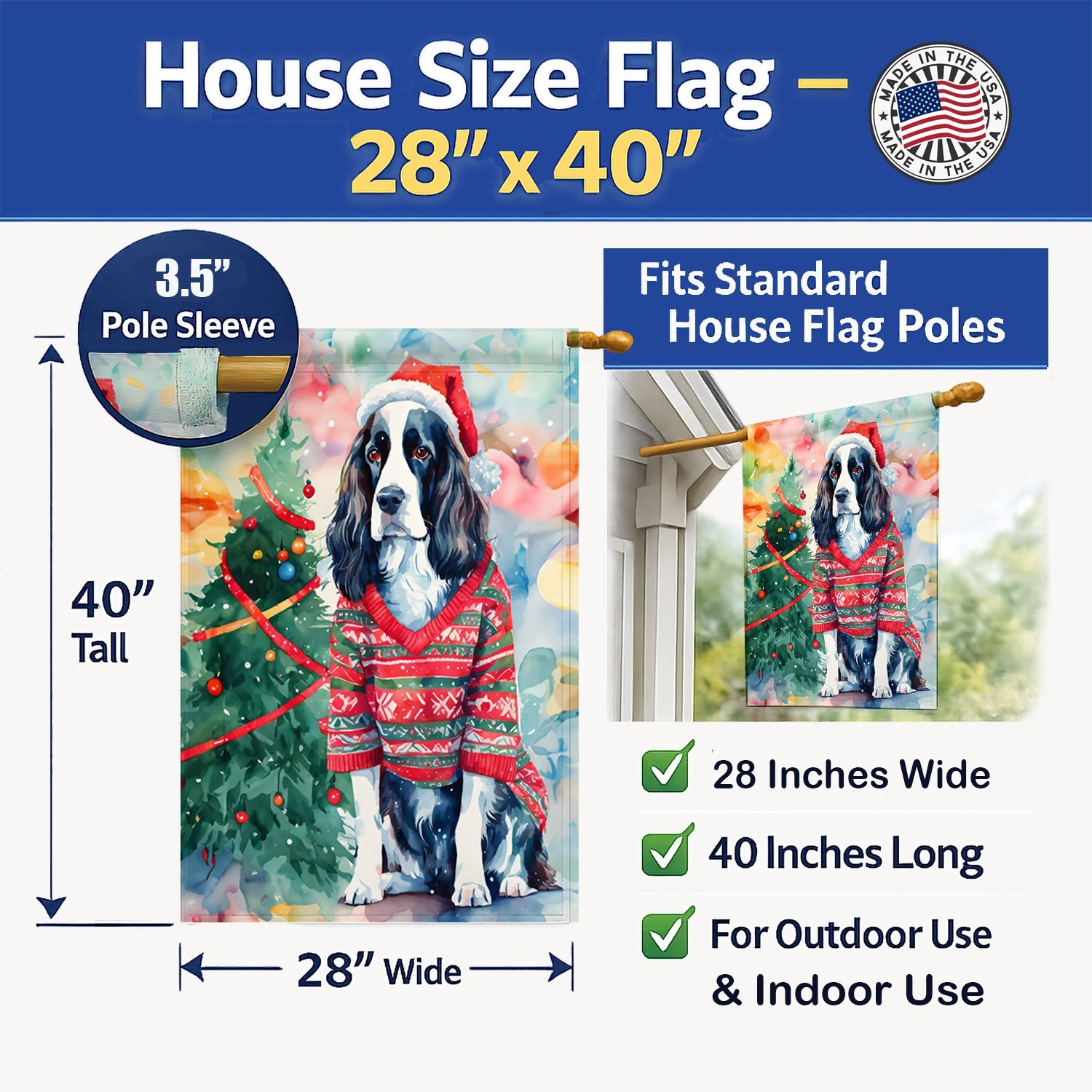 English Springer Spaniel Christmas House Flag 28x40 Porch Sleeve Pole Decorative Outside Yard Banner Artwork Wall Hanging, Polyester
