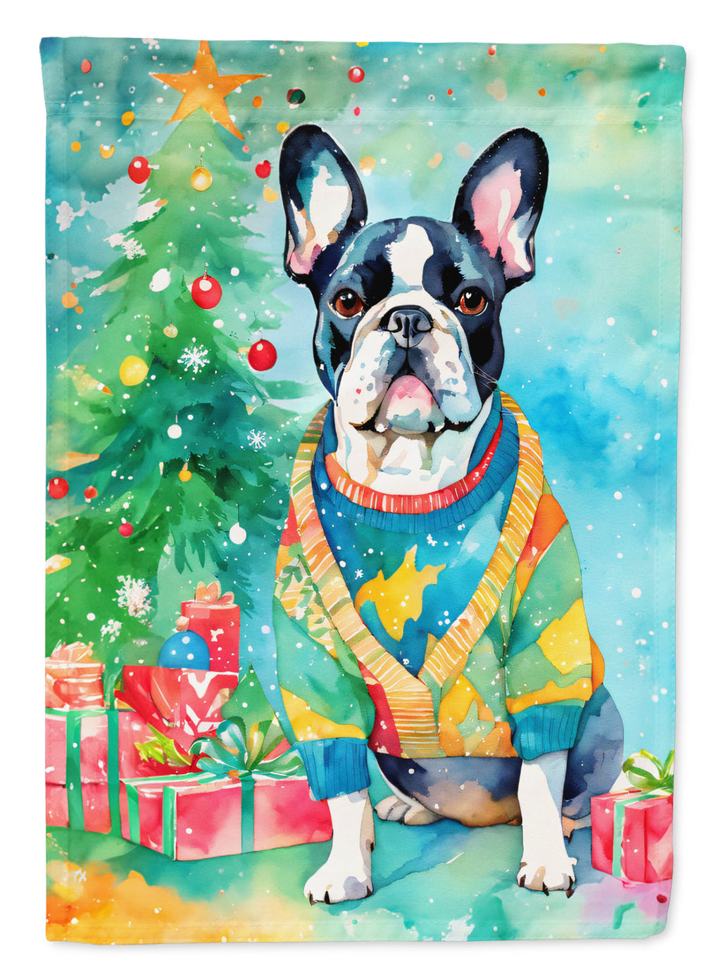 French Bulldog Christmas House Flag 28x40 Porch Sleeve Pole Decorative Outside Yard Banner Artwork Wall Hanging, Polyester