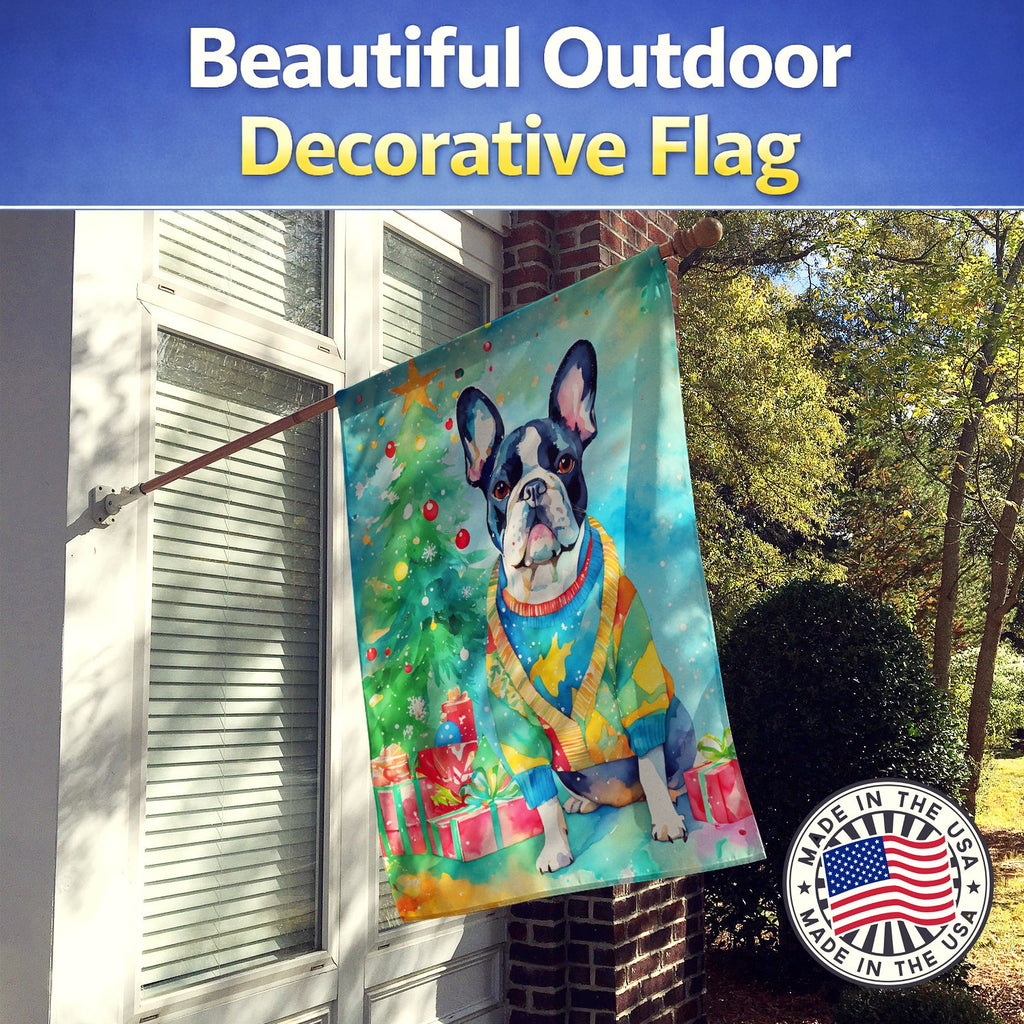 French Bulldog Christmas House Flag 28x40 Porch Sleeve Pole Decorative Outside Yard Banner Artwork Wall Hanging, Polyester