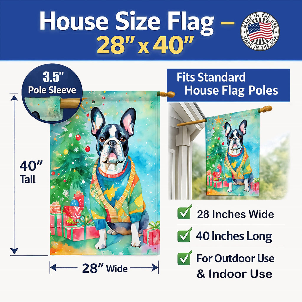 French Bulldog Christmas House Flag 28x40 Porch Sleeve Pole Decorative Outside Yard Banner Artwork Wall Hanging, Polyester