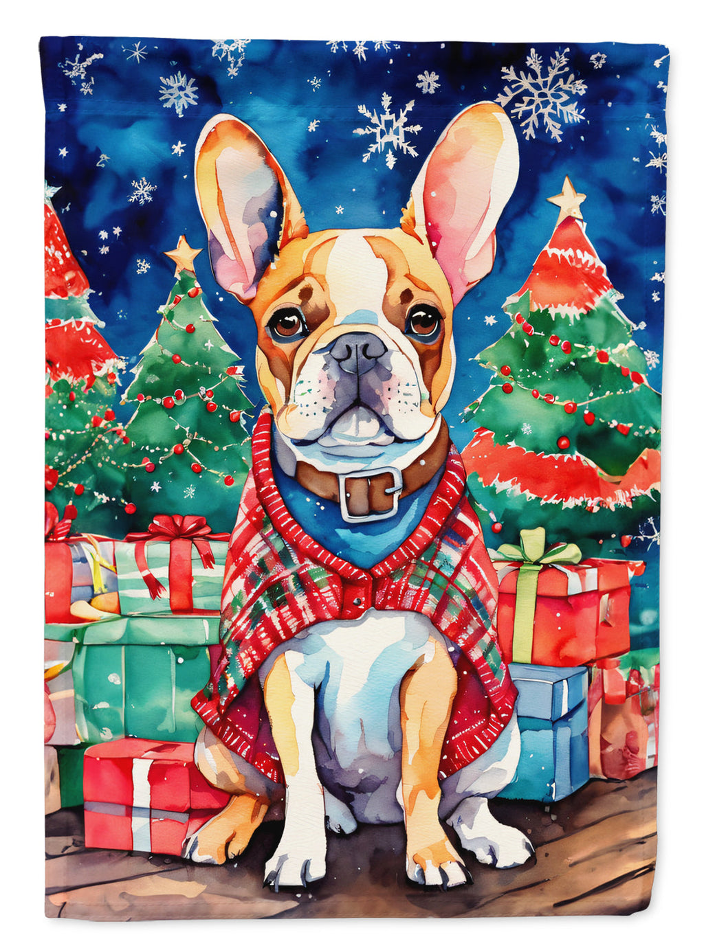 French Bulldog Christmas House Flag 28x40 Porch Sleeve Pole Decorative Outside Yard Banner Artwork Wall Hanging, Polyester