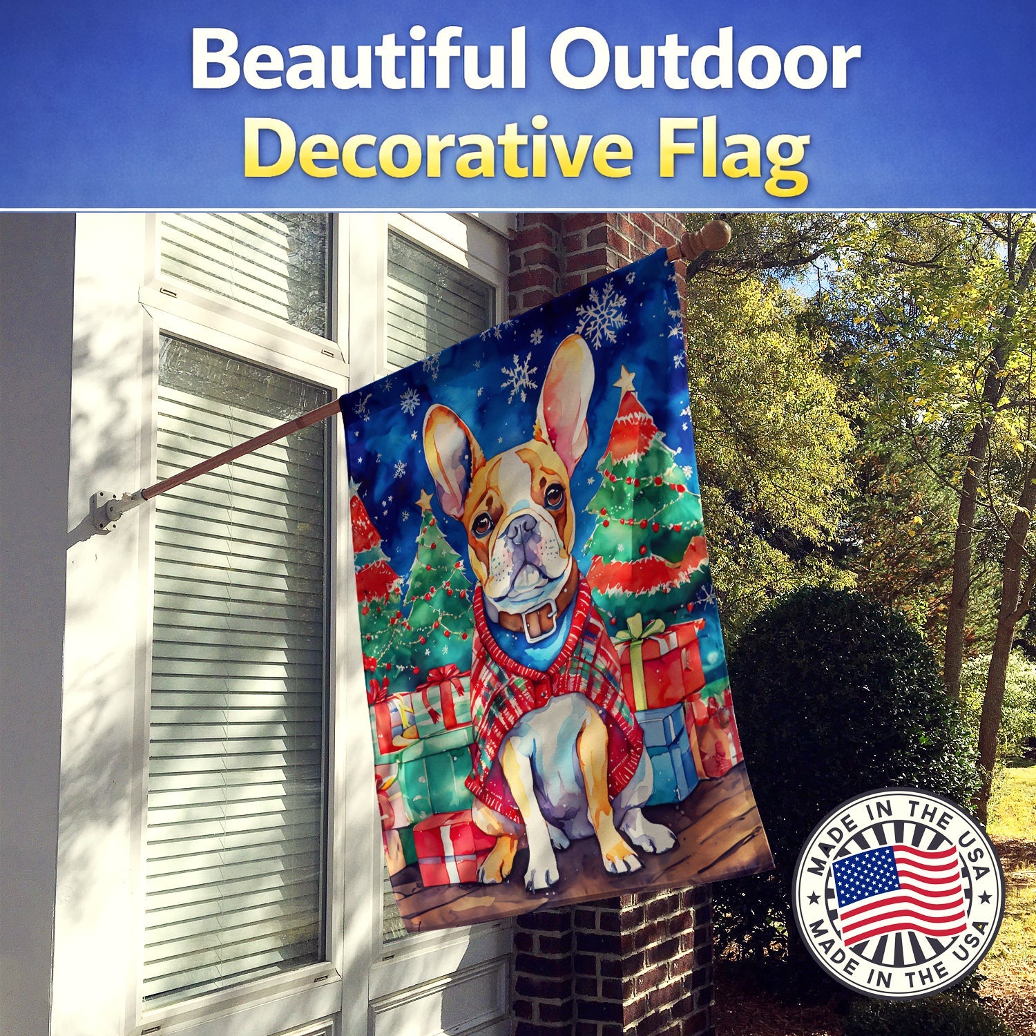 French Bulldog Christmas House Flag 28x40 Porch Sleeve Pole Decorative Outside Yard Banner Artwork Wall Hanging, Polyester
