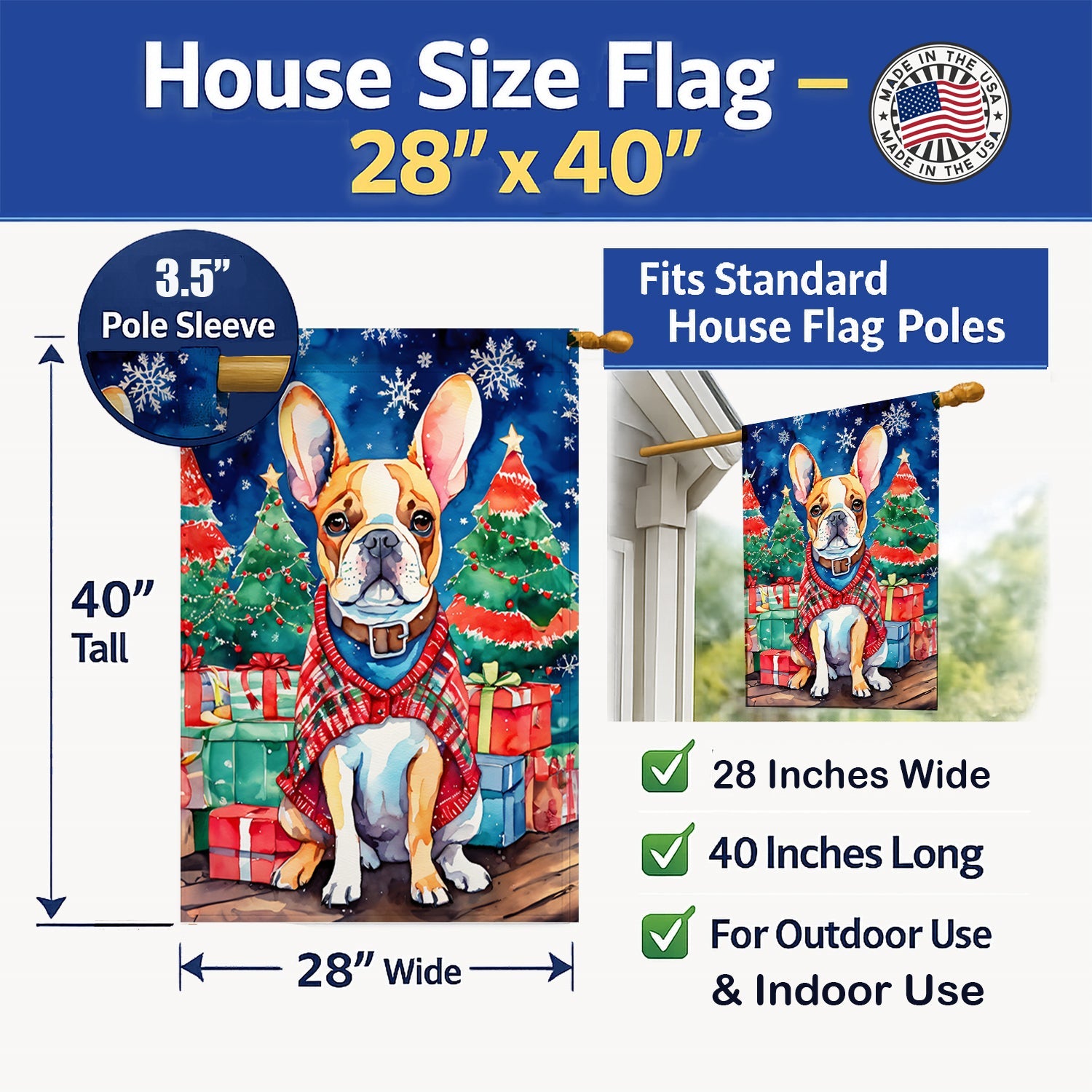French Bulldog Christmas House Flag 28x40 Porch Sleeve Pole Decorative Outside Yard Banner Artwork Wall Hanging, Polyester