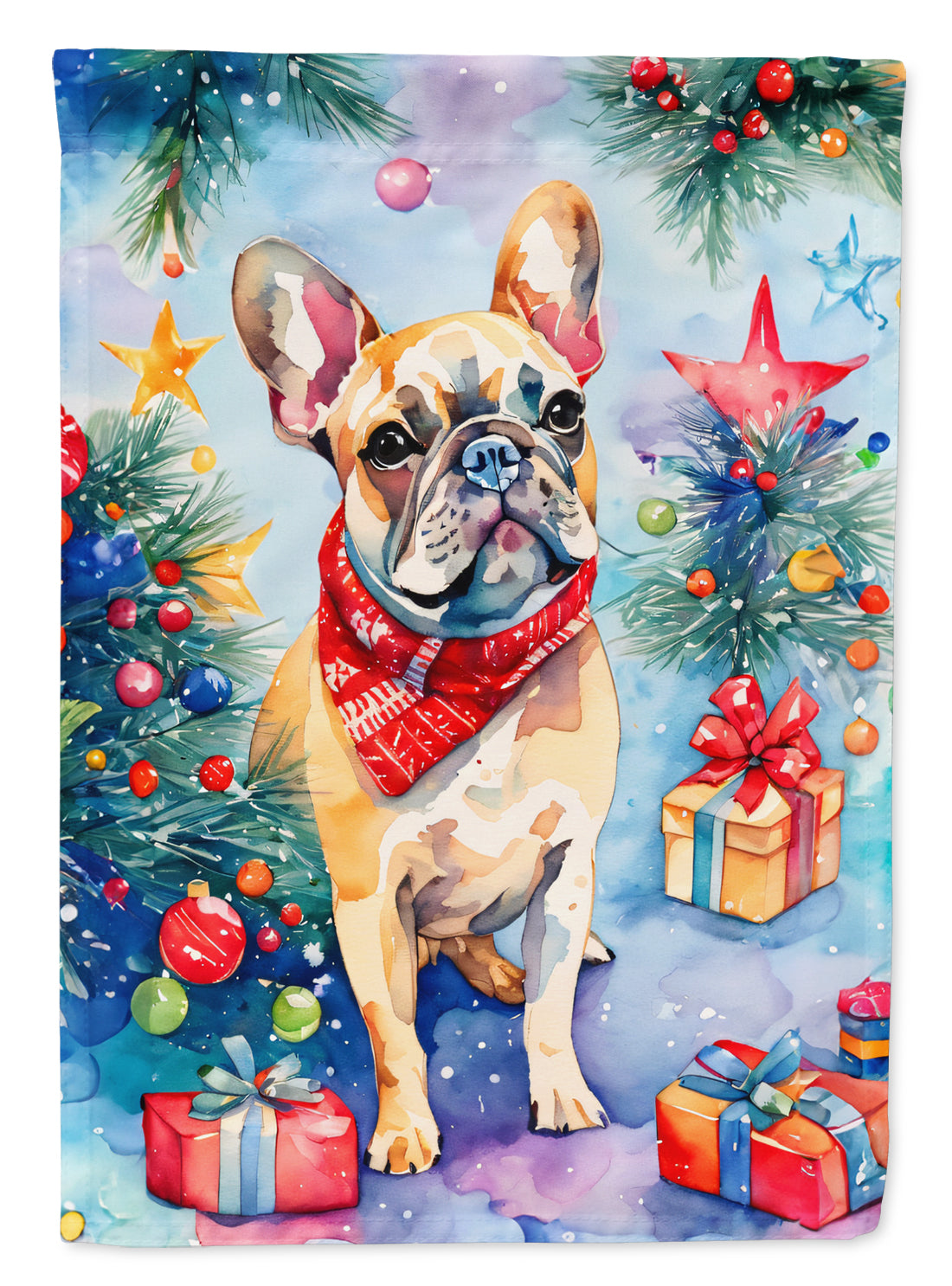 French Bulldog Christmas House Flag 28x40 Porch Sleeve Pole Decorative Outside Yard Banner Artwork Wall Hanging, Polyester