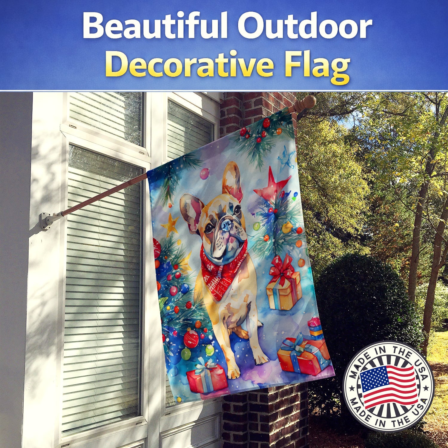 French Bulldog Christmas House Flag 28x40 Porch Sleeve Pole Decorative Outside Yard Banner Artwork Wall Hanging, Polyester