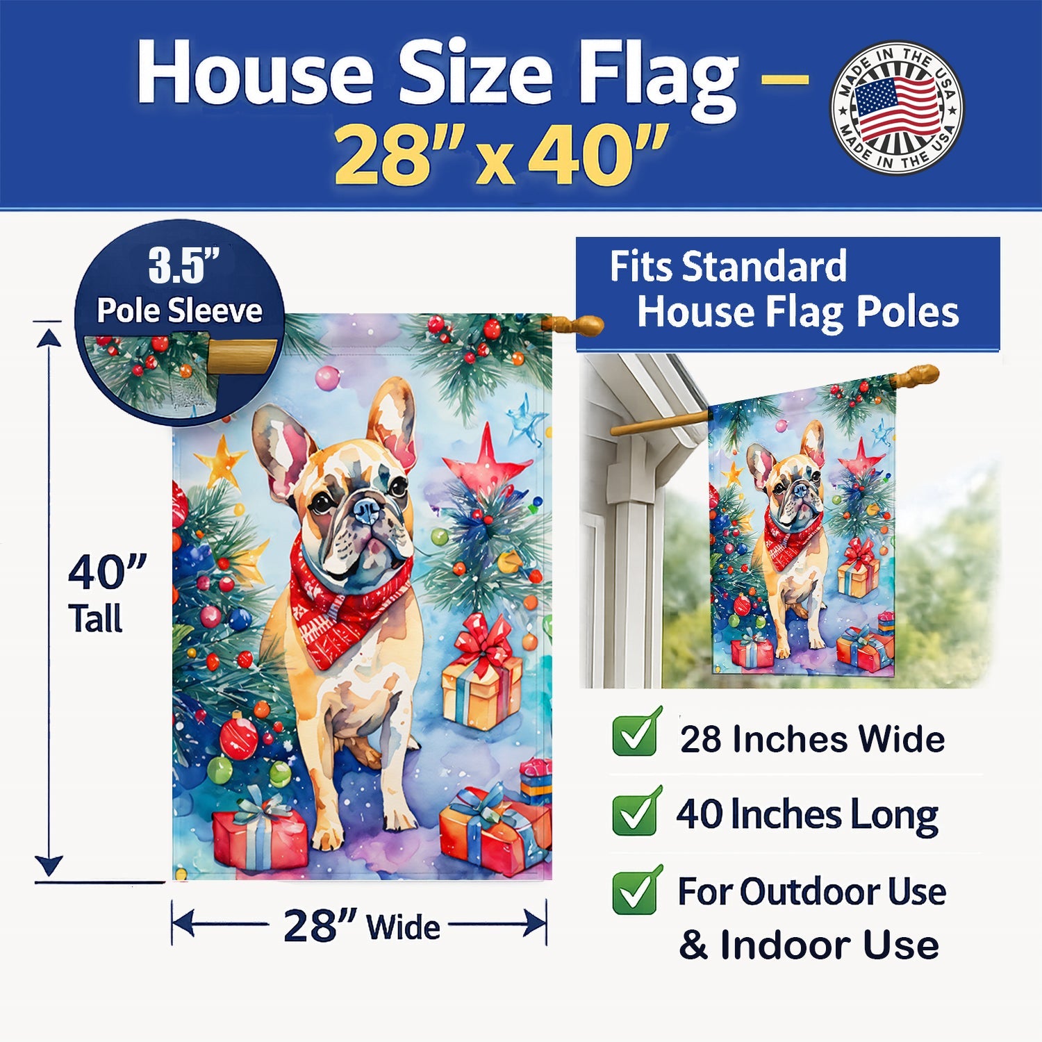 French Bulldog Christmas House Flag 28x40 Porch Sleeve Pole Decorative Outside Yard Banner Artwork Wall Hanging, Polyester