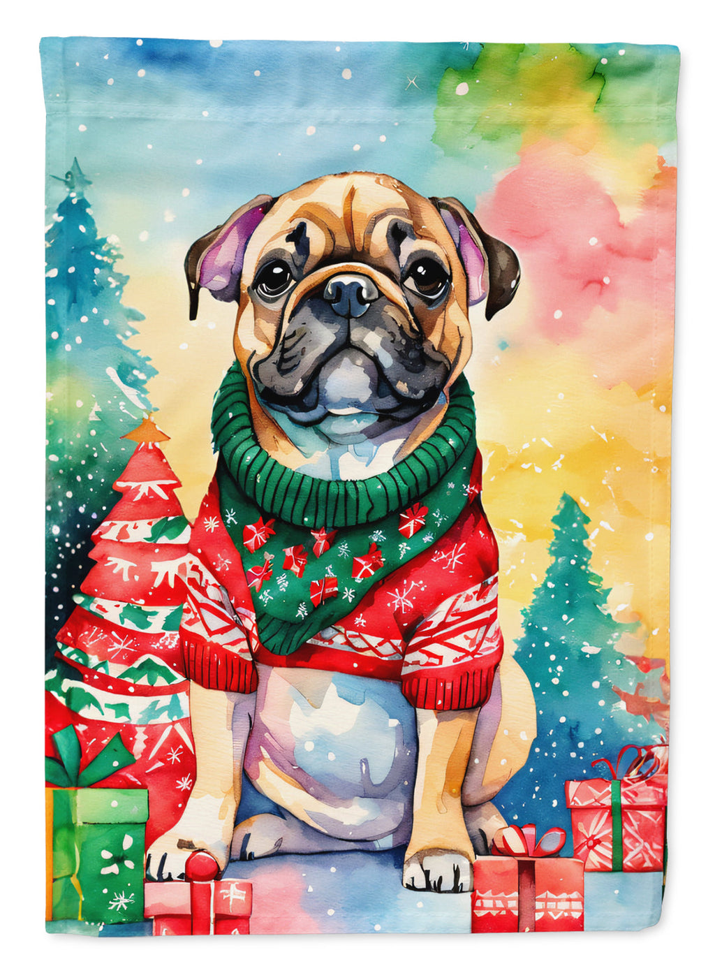French Bulldog Christmas House Flag 28x40 Porch Sleeve Pole Decorative Outside Yard Banner Artwork Wall Hanging, Polyester