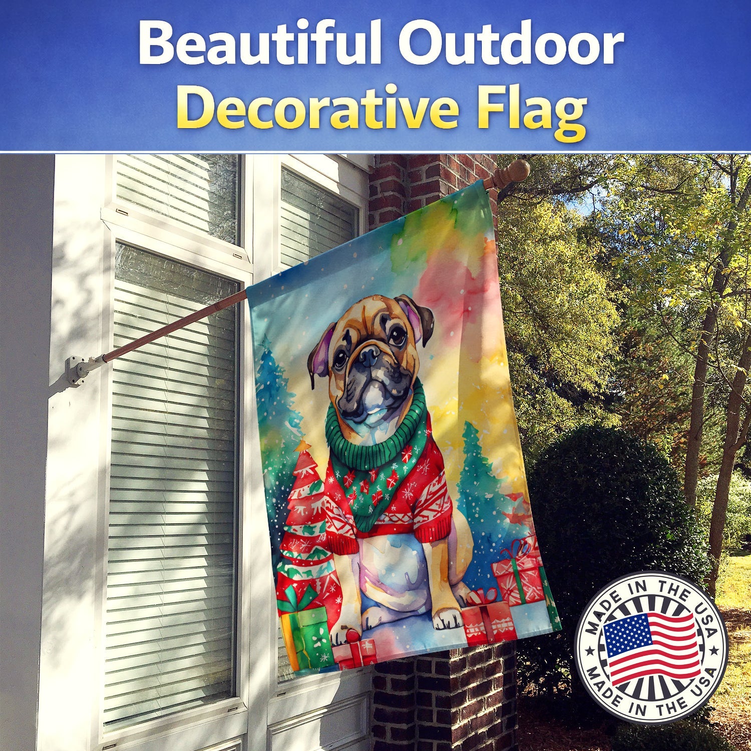 French Bulldog Christmas House Flag 28x40 Porch Sleeve Pole Decorative Outside Yard Banner Artwork Wall Hanging, Polyester