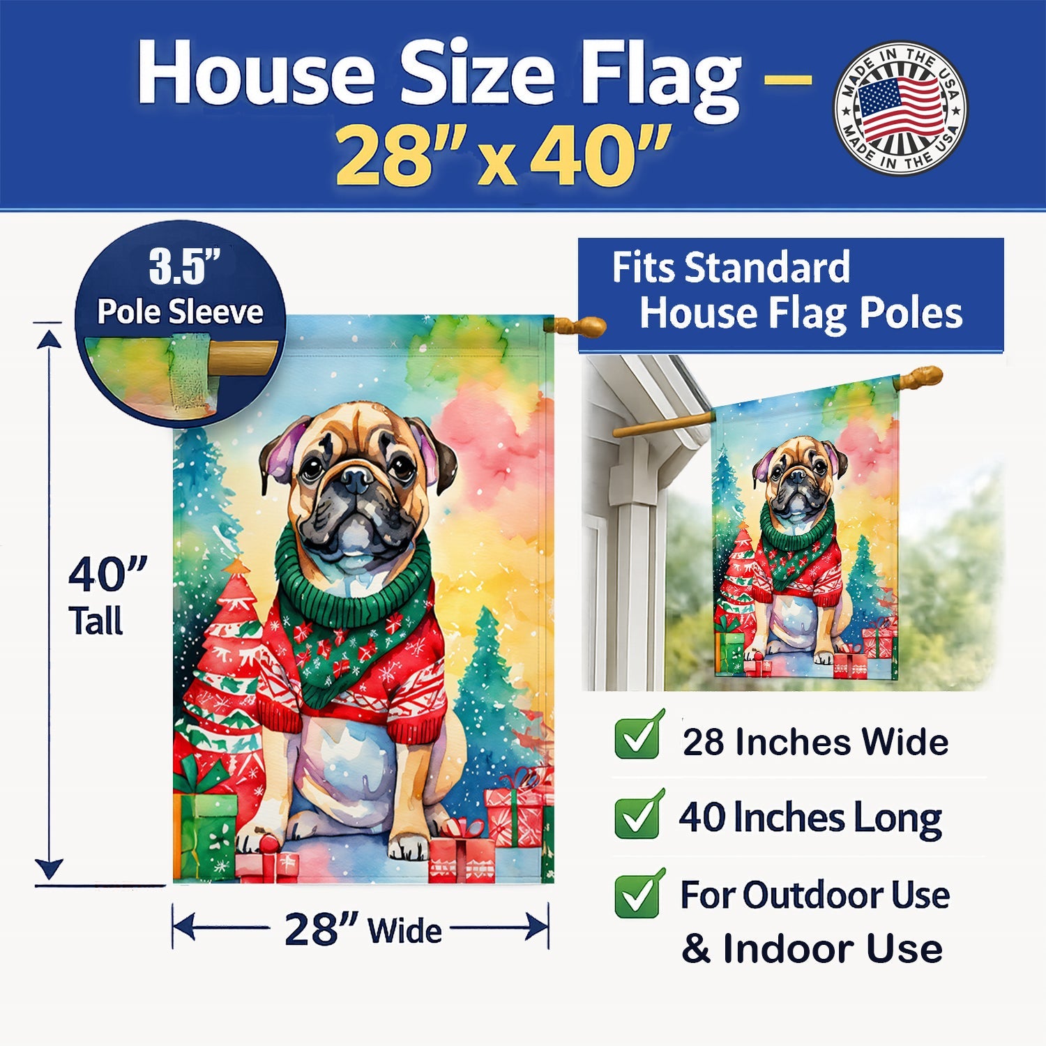 French Bulldog Christmas House Flag 28x40 Porch Sleeve Pole Decorative Outside Yard Banner Artwork Wall Hanging, Polyester