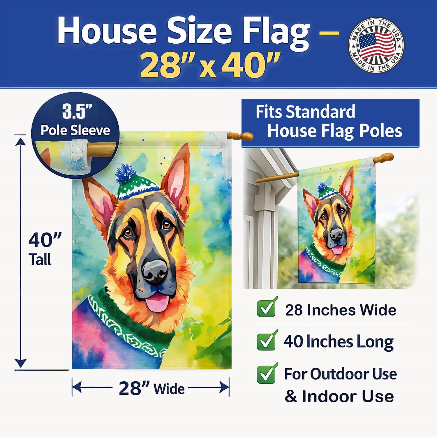 German Shepherd Christmas House Flag 28x40 Porch Sleeve Pole Decorative Outside Yard Banner Artwork Wall Hanging, Polyester