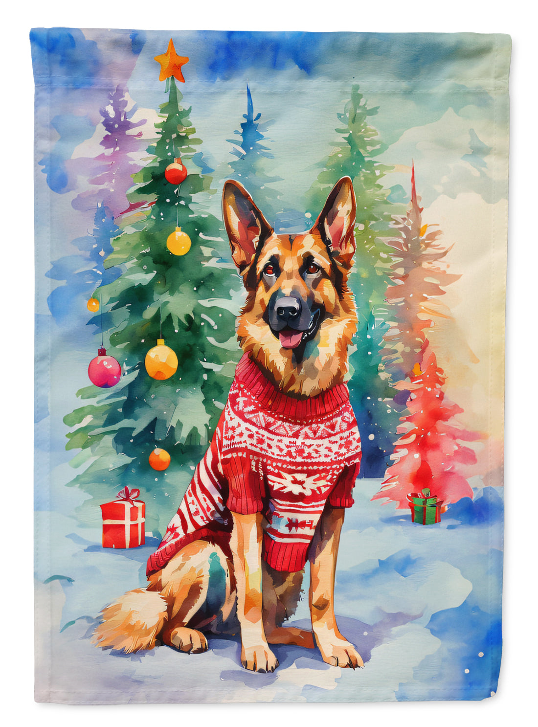 German Shepherd Christmas House Flag 28x40 Porch Sleeve Pole Decorative Outside Yard Banner Artwork Wall Hanging, Polyester