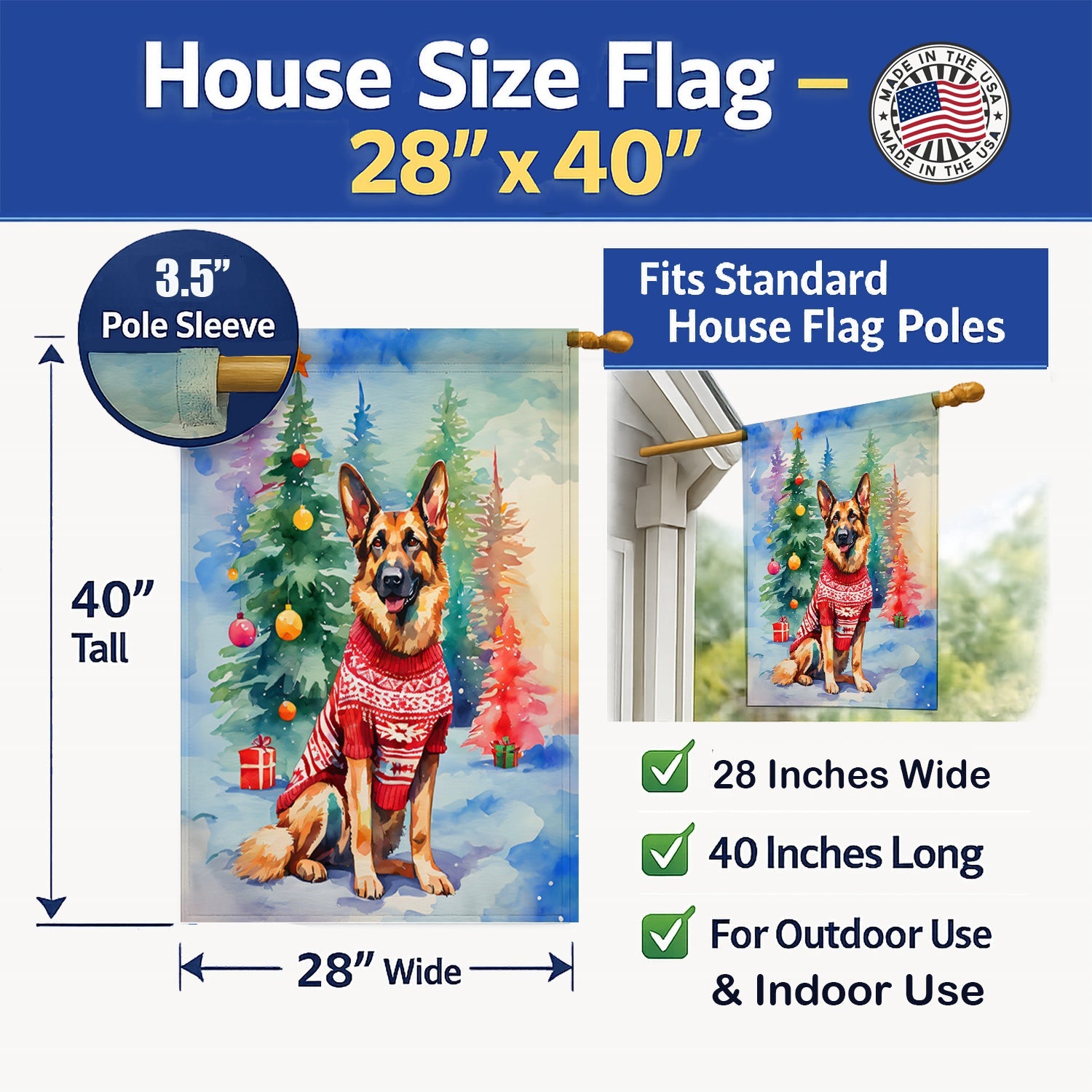 German Shepherd Christmas House Flag 28x40 Porch Sleeve Pole Decorative Outside Yard Banner Artwork Wall Hanging, Polyester