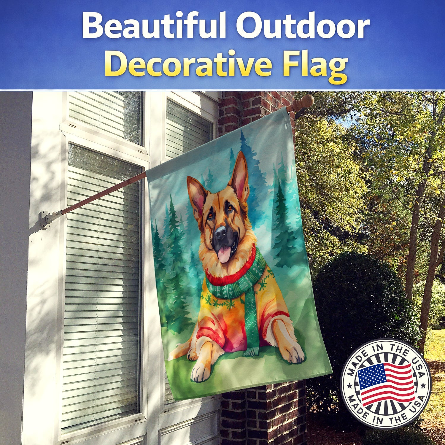 German Shepherd Christmas House Flag 28x40 Porch Sleeve Pole Decorative Outside Yard Banner Artwork Wall Hanging, Polyester