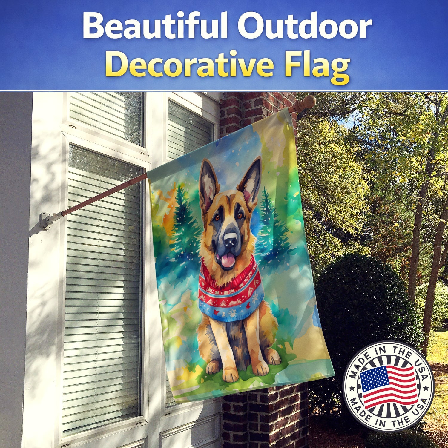 German Shepherd Christmas House Flag 28x40 Porch Sleeve Pole Decorative Outside Yard Banner Artwork Wall Hanging, Polyester