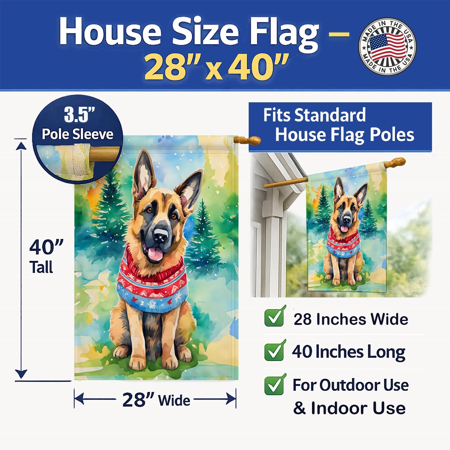 German Shepherd Christmas House Flag 28x40 Porch Sleeve Pole Decorative Outside Yard Banner Artwork Wall Hanging, Polyester