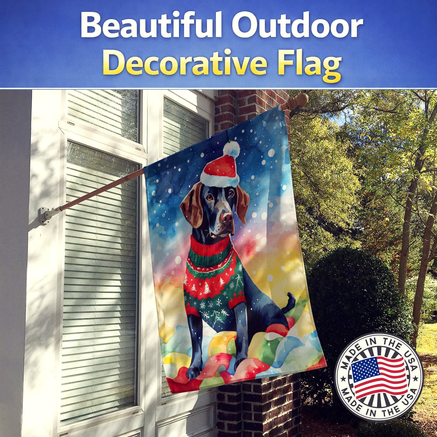 German Shorthaired Pointer Christmas House Flag 28x40 Porch Sleeve Pole Decorative Outside Yard Banner Artwork Wall Hanging, Polyester