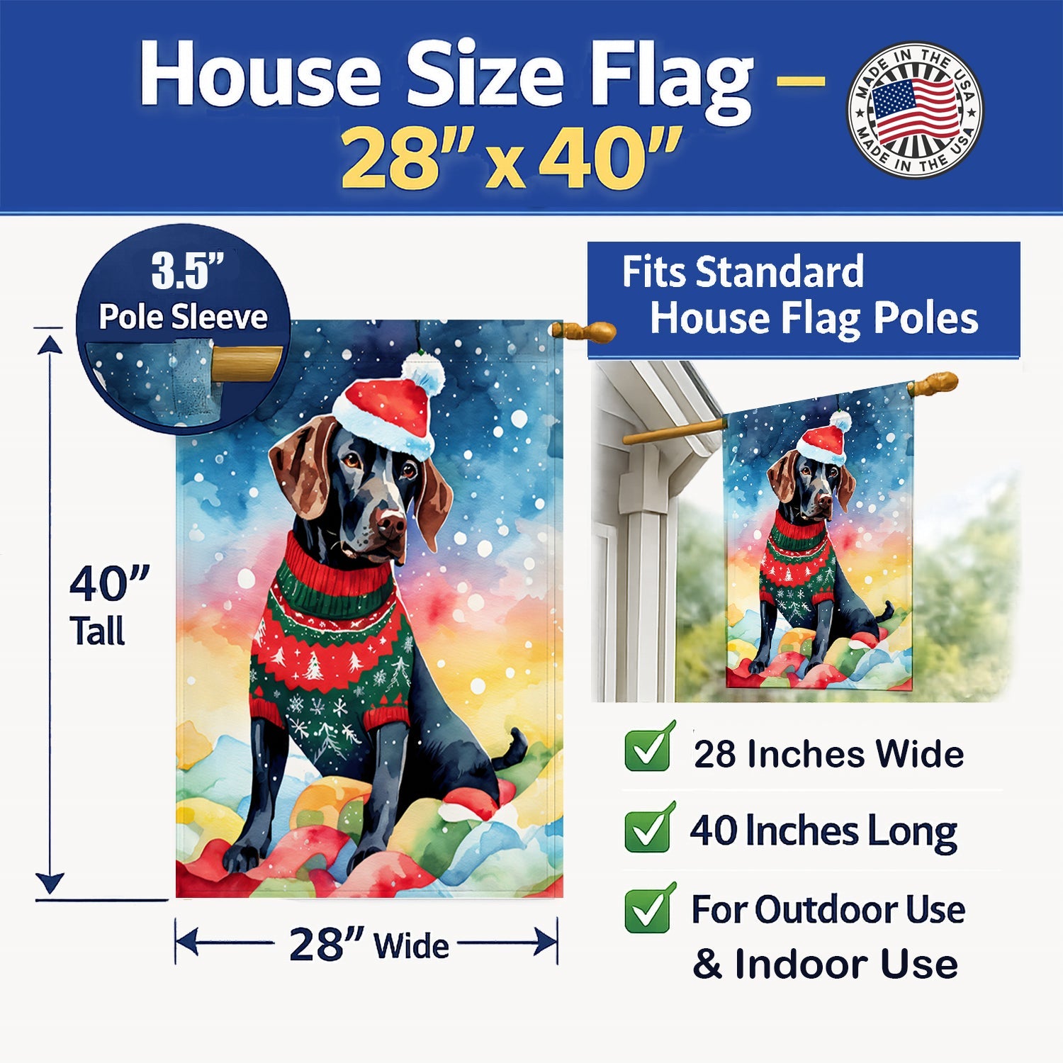 German Shorthaired Pointer Christmas House Flag 28x40 Porch Sleeve Pole Decorative Outside Yard Banner Artwork Wall Hanging, Polyester