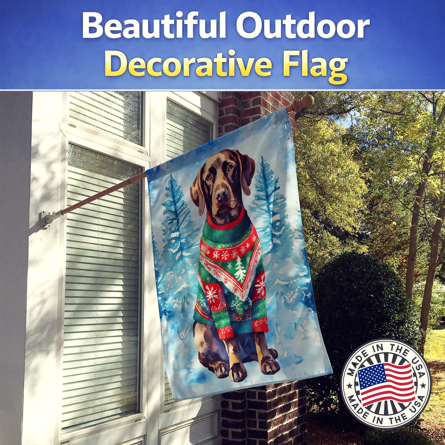German Shorthaired Pointer Christmas House Flag 28x40 Porch Sleeve Pole Decorative Outside Yard Banner Artwork Wall Hanging, Polyester